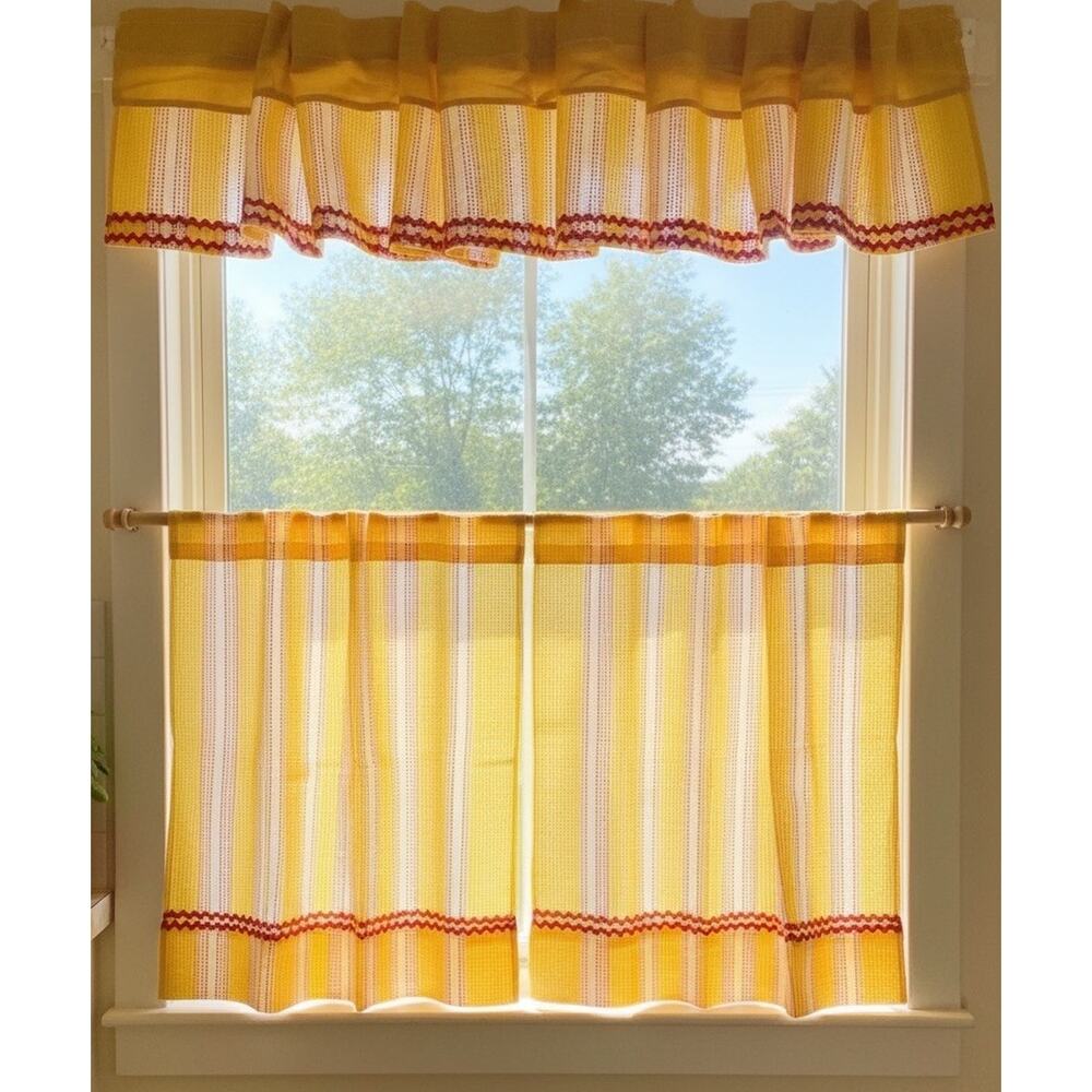 Vintage 1970s Scandinavian Mesh Cafe Curtains Yellow Striped Groovy Kitchen